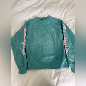 Champion teal&pink script logo reverse weave crew neck size small